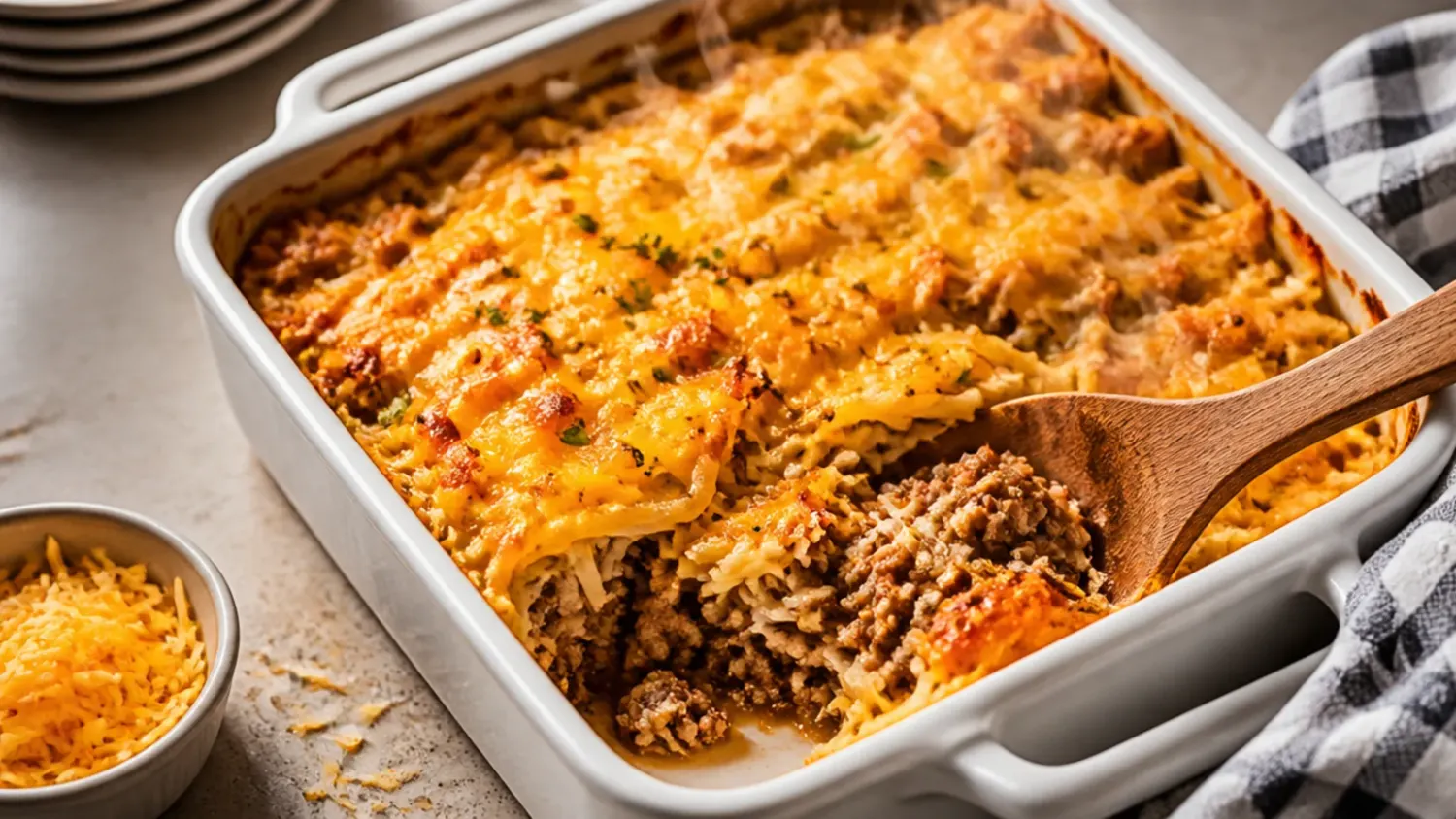 Overhead photo of a golden, bubbling hamburger hashbrown casserole in a white baking dish with a spoonful being lifted out