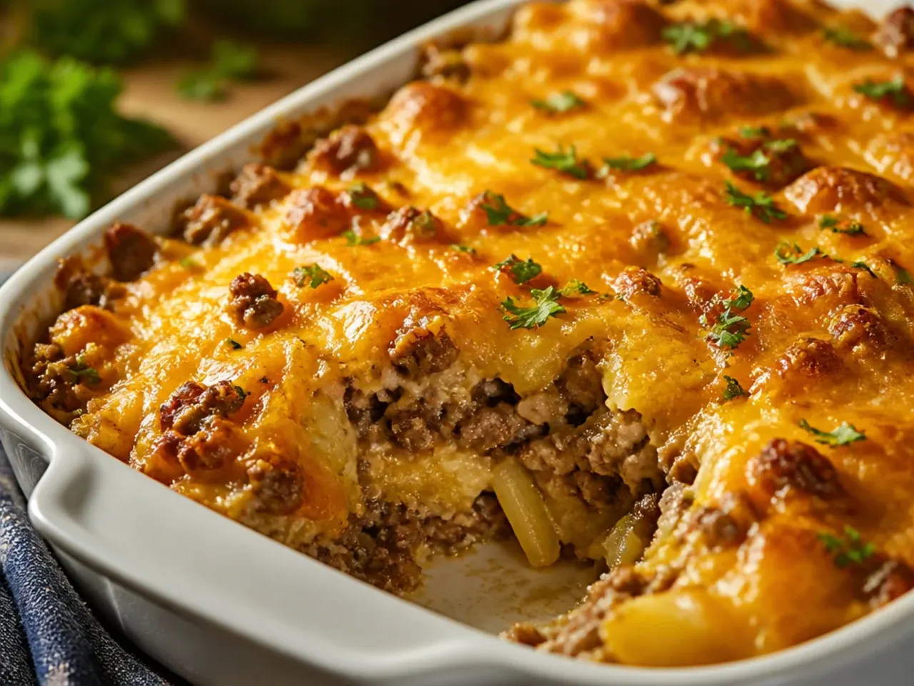 Golden baked hamburger hashbrown casserole in a white dish, fresh from the oven with steam rising