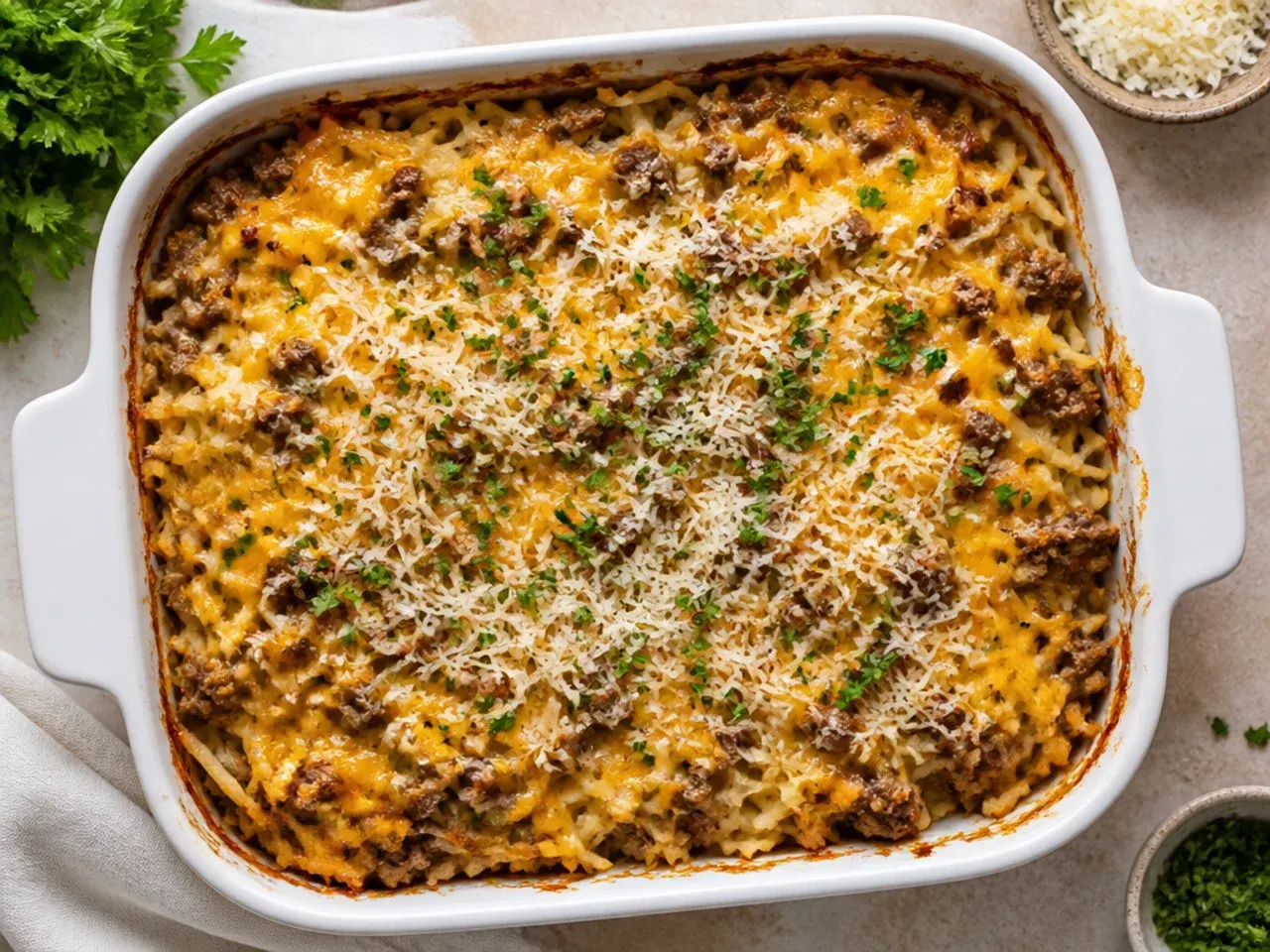 Classic hamburger hashbrown casserole with a thick layer of melted cheddar on top
