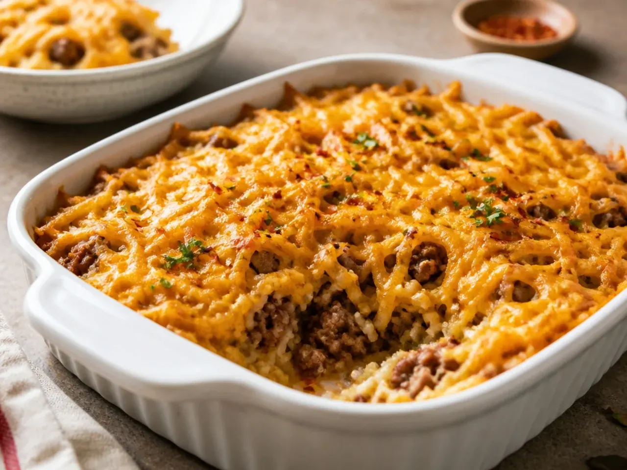 Simple five-ingredient hamburger hashbrown casserole mixture in one bowl before baking