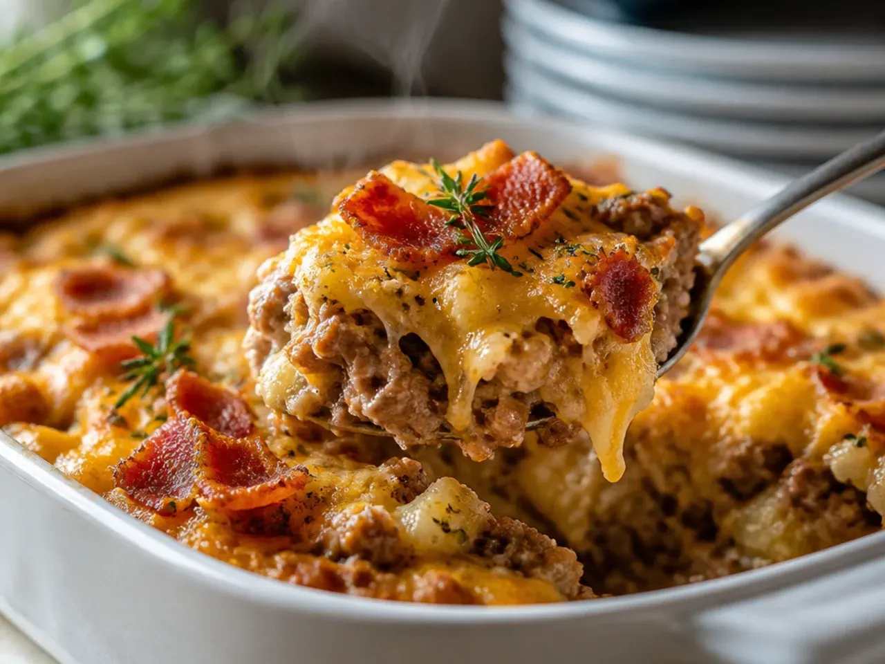 Hearty hamburger hashbrown casserole loaded with crispy bacon pieces and extra ground beef