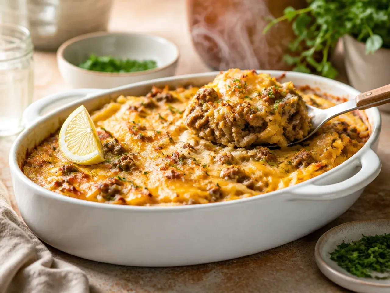 French onion style hamburger hashbrown casserole topped with melted Gruyere and caramelised onions