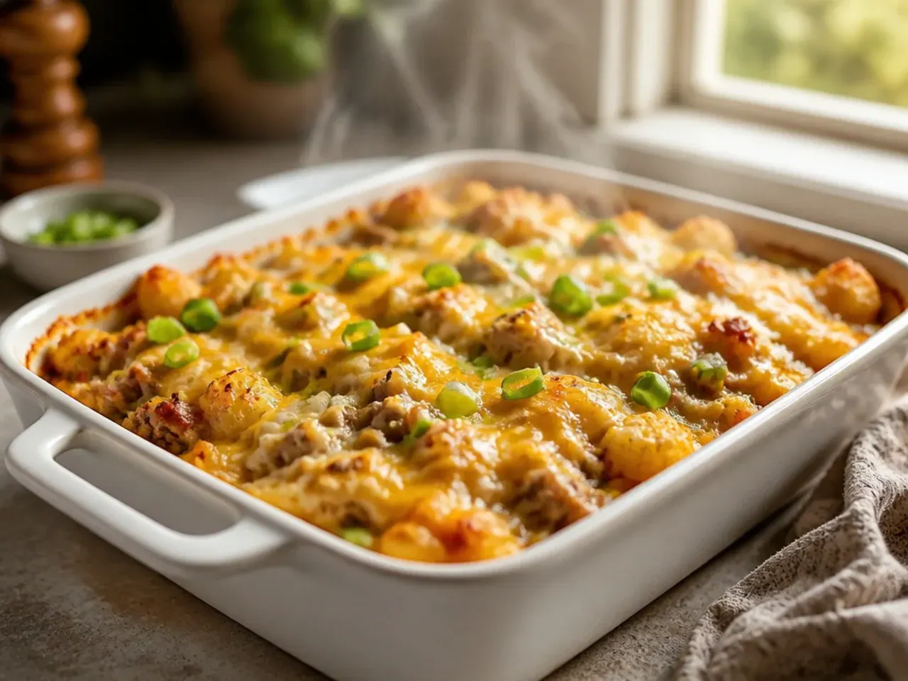 Extra creamy hamburger hashbrown casserole with a rich cream cheese sauce being spooned out