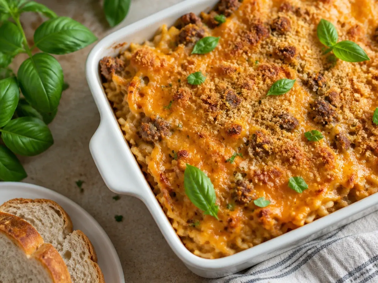 Simple four-ingredient hamburger hashbrown casserole in a plain white baking dish