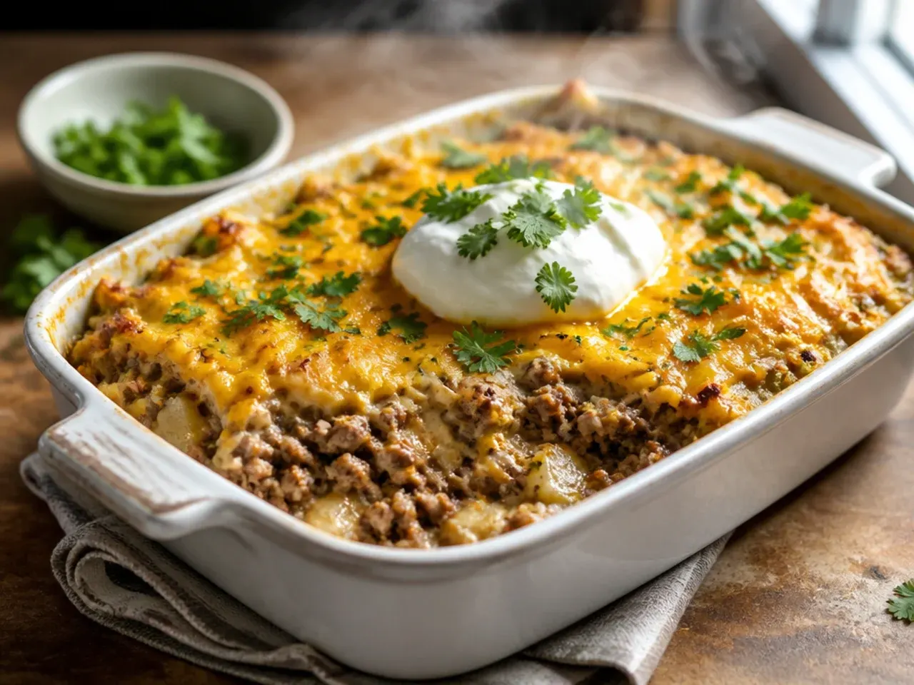 Triple cheese hamburger hashbrown casserole with a stretchy, golden cheese pull