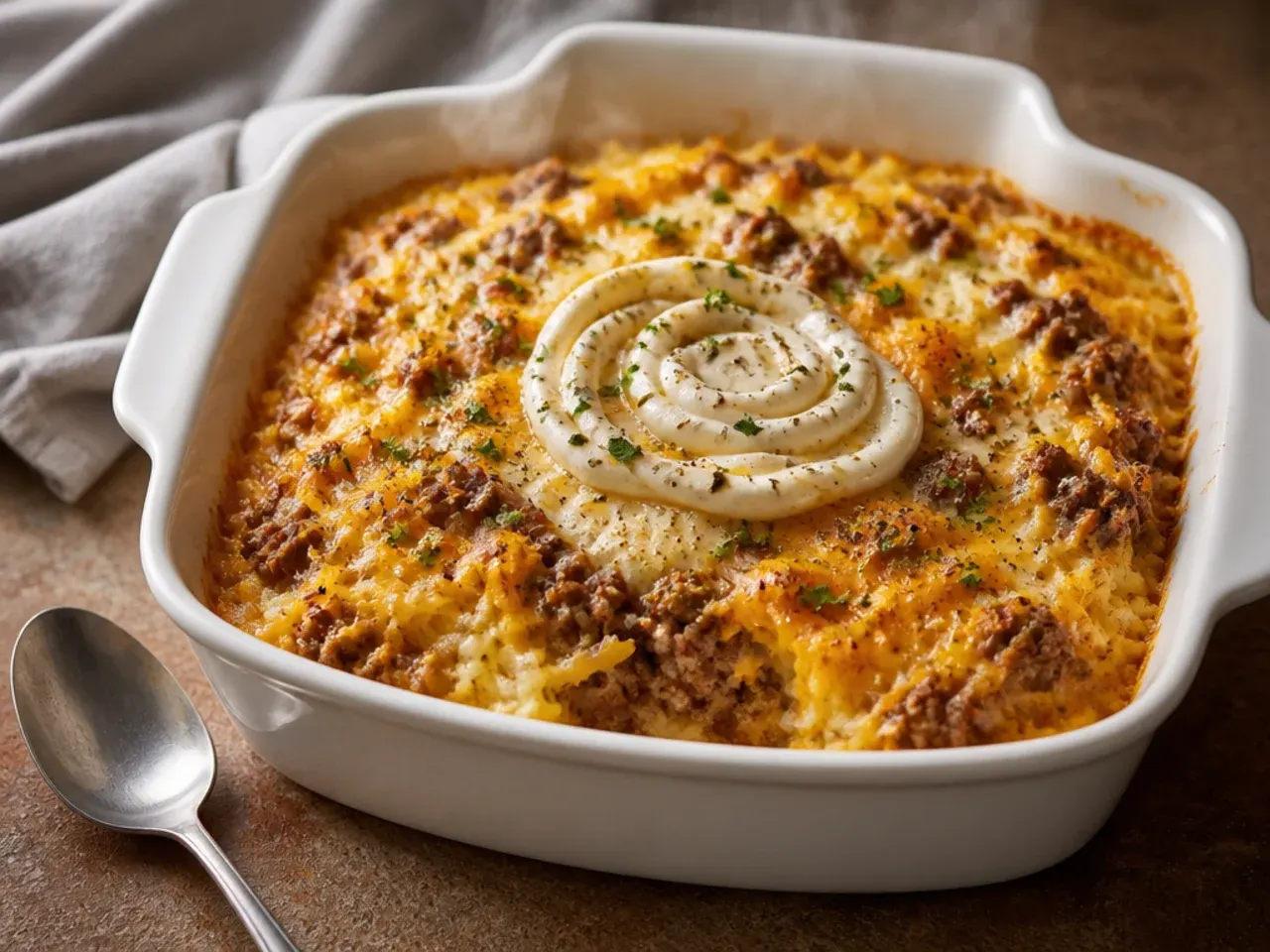 Comforting mushroom and beef hashbrown casserole served in a bowl with crusty bread