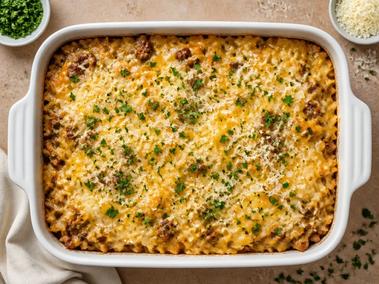 Budget friendly hamburger hashbrown casserole stretched with cooked rice