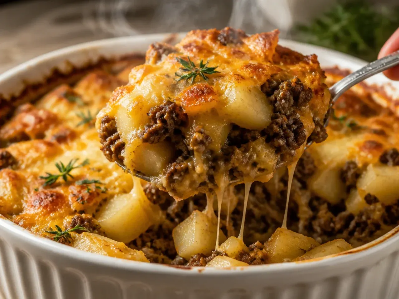 Rustic hamburger casserole made with chunky diced potatoes instead of shredded hash browns