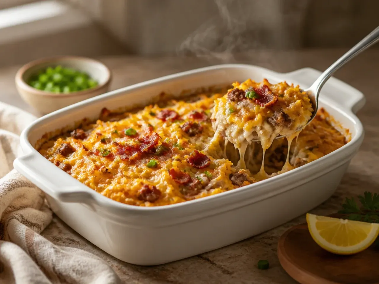Loaded hamburger hashbrown casserole topped with bacon bits, spring onions and ranch drizzle