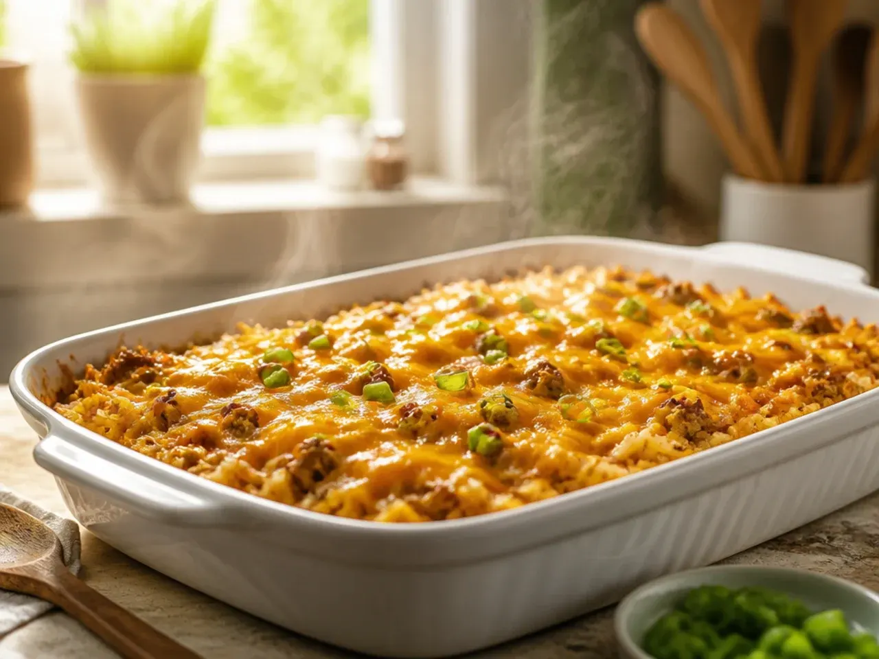 Large family size hamburger hashbrown casserole spread across a sheet pan