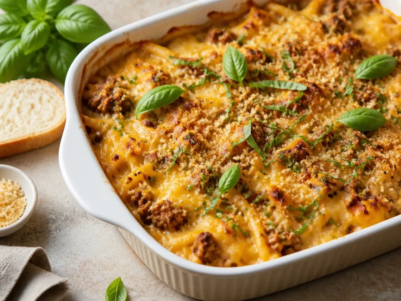 Best ever hamburger hashbrown casserole with a crisp golden cracker crust on top