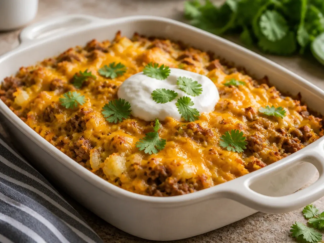 One pot hamburger hashbrown casserole cooking in a lidded skillet on the stovetop