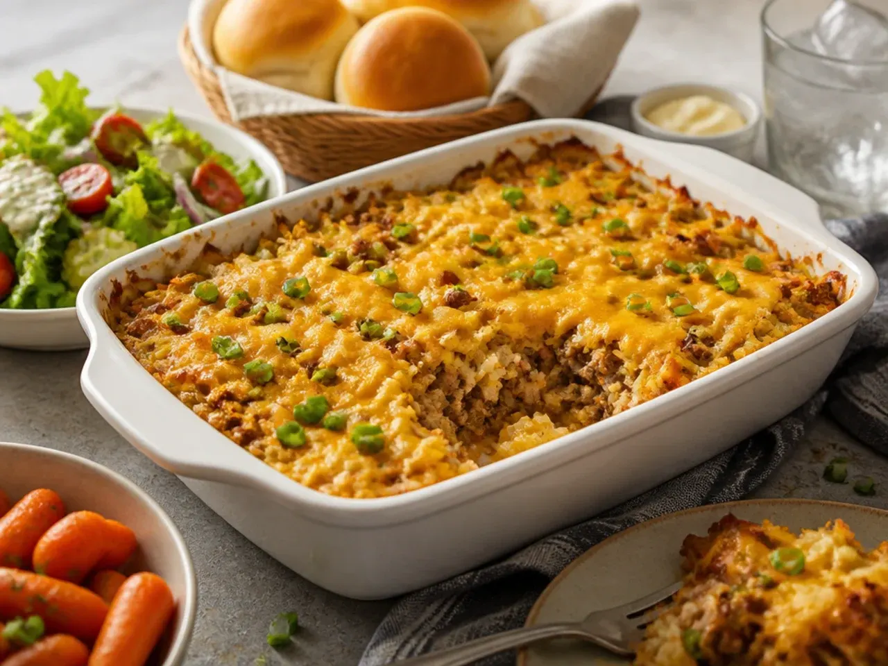 Plated serving of hamburger hashbrown casserole with a side salad and dinner roll