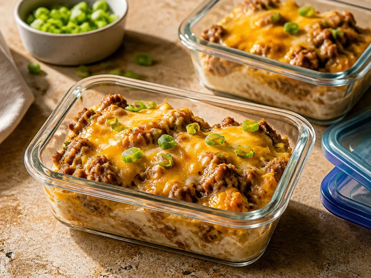 Leftover hamburger hashbrown casserole portioned into airtight containers for the fridge