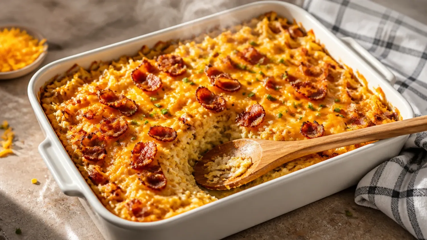 Golden hashbrown breakfast casserole in a baking dish, topped with melted cheddar cheese and fresh chives.