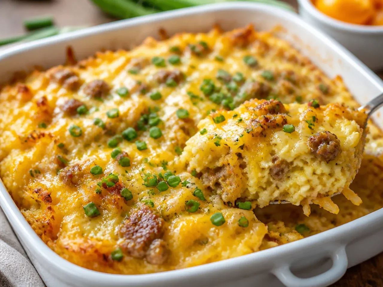 Overhead shot of a full tray of hashbrown breakfast casserole sliced into squares, surrounded by fresh ingredients.