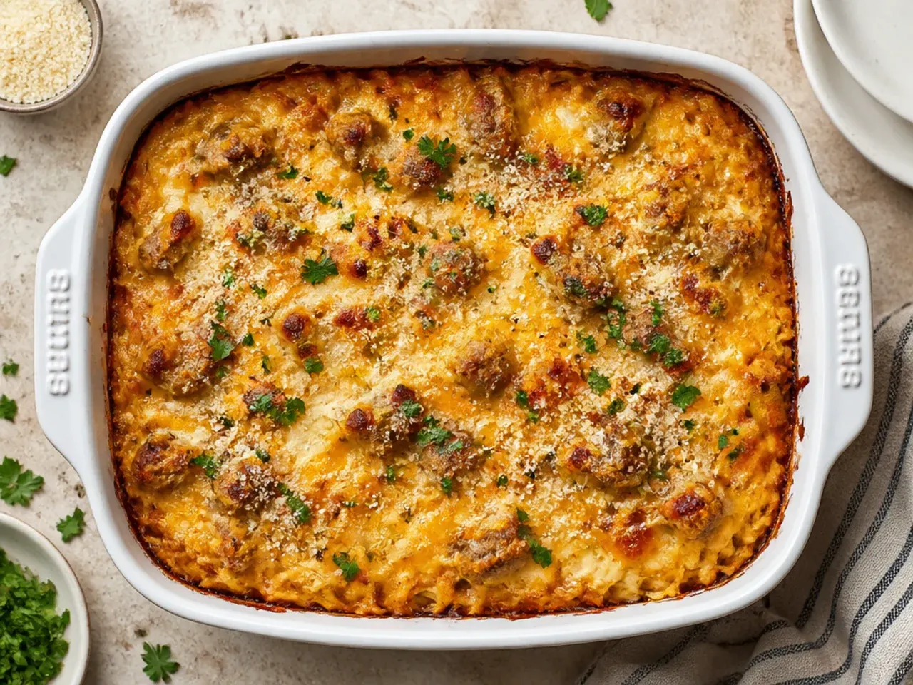 Classic sausage and cheddar hashbrown breakfast casserole fresh out of the oven with bubbling cheese.