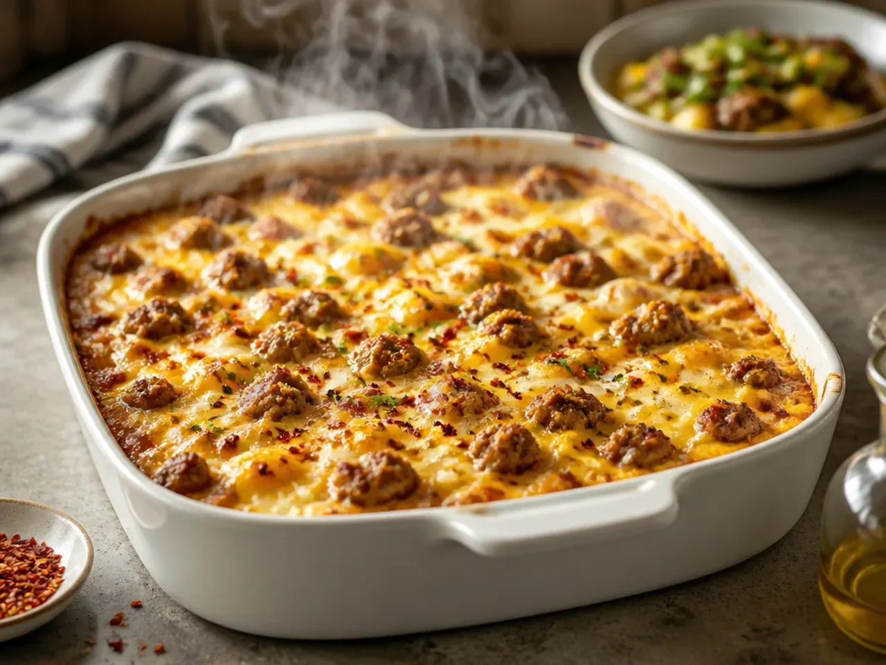 Five simple ingredients laid out for an easy hashbrown breakfast casserole.
