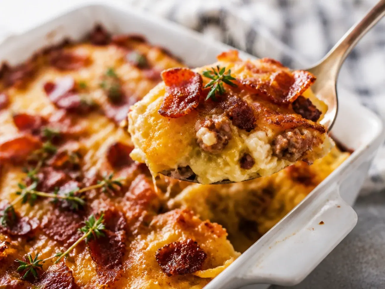 Hearty meat-lovers hashbrown breakfast casserole loaded with sausage, bacon and ham.