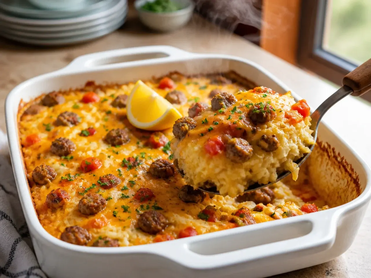 Maple sausage hashbrown breakfast casserole with a jug of maple syrup on the side.