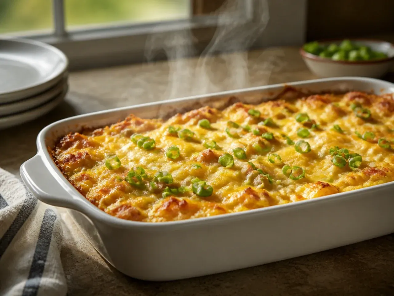 Creamy hashbrown breakfast casserole with a rich, custardy texture, one slice lifted out.