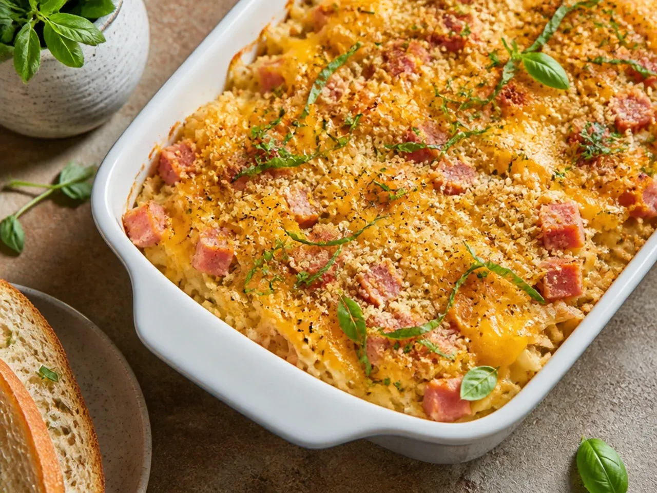 Simple ham and cheese hashbrown breakfast casserole cut into squares.
