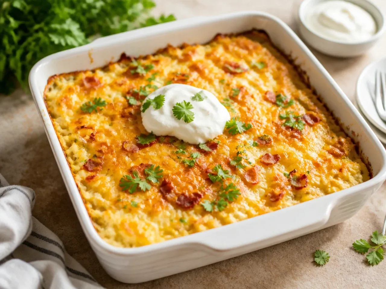 Three-cheese hashbrown breakfast casserole with a stretchy, cheesy pull from a lifted slice.
