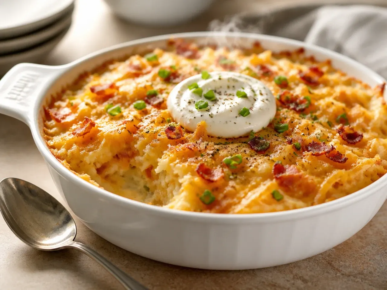 Bacon and chive hashbrown breakfast casserole garnished with fresh green chives.
