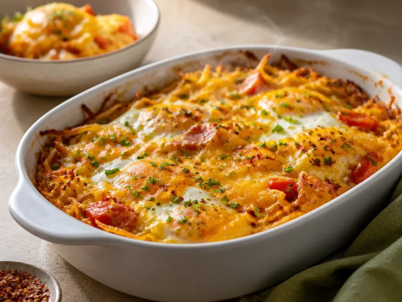 Quick weeknight hashbrown breakfast casserole ready in thirty minutes.