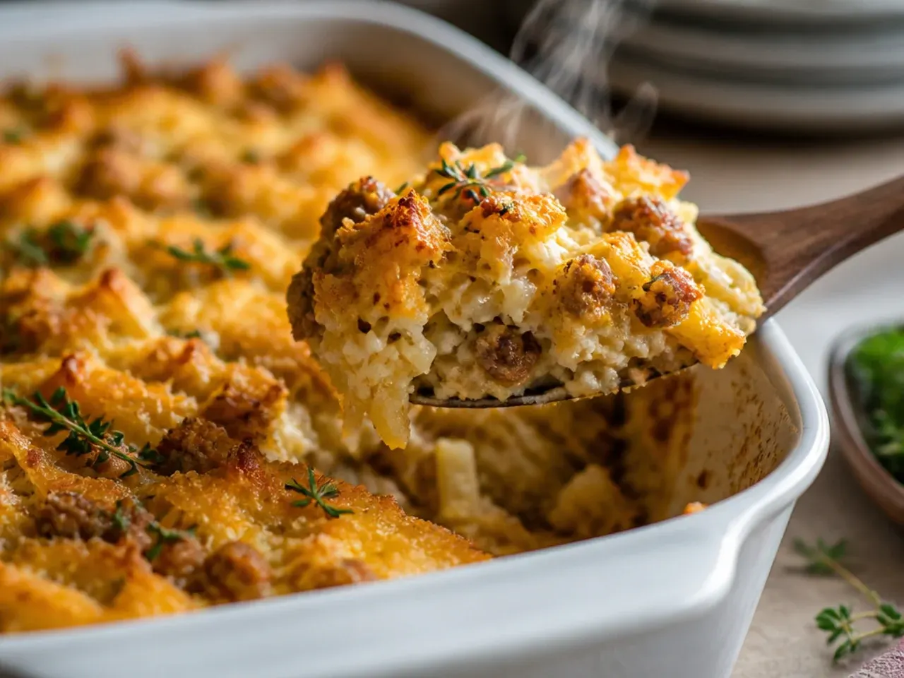 Rustic hashbrown breakfast casserole baked and served in a cast iron skillet.
