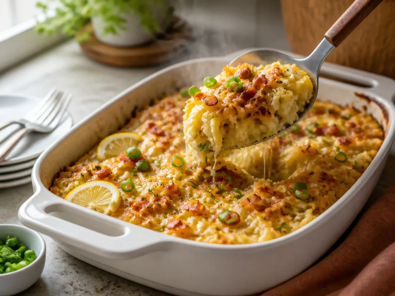 Loaded hashbrown breakfast casserole topped with soured cream, spring onions, bacon and avocado.