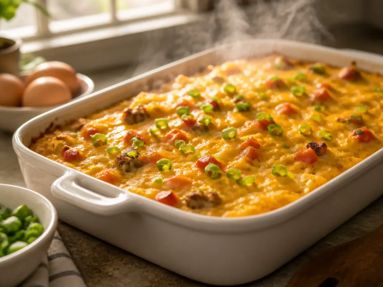 Large family-size sheet pan of hashbrown breakfast casserole cut into small squares.