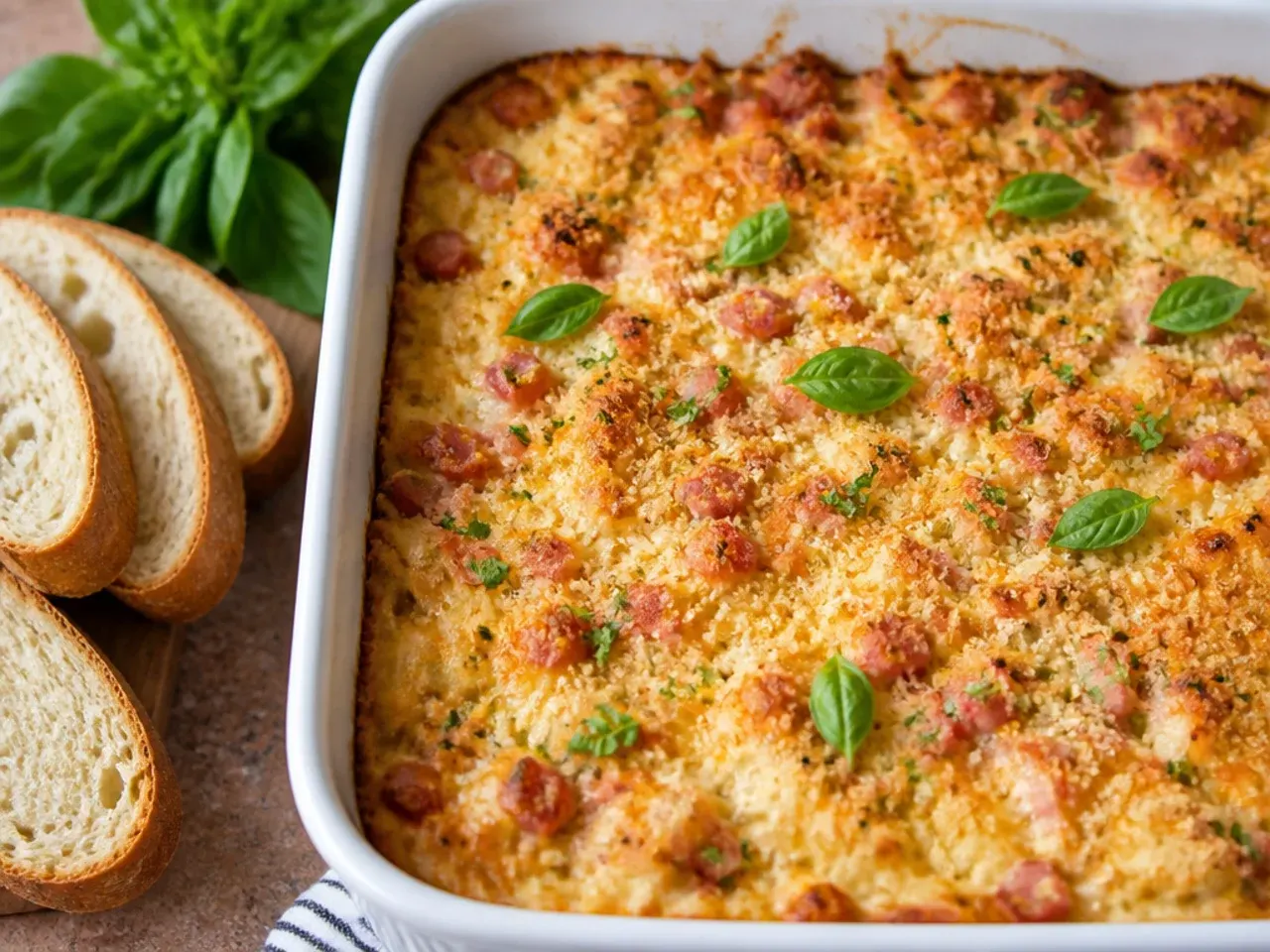 Overnight hashbrown breakfast casserole assembled and covered, ready for the fridge.