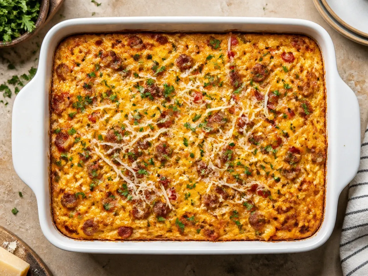 Individual hashbrown breakfast casserole cups baked in a muffin tin.