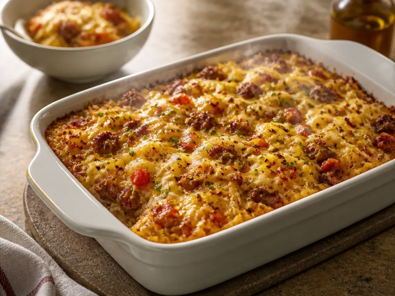 Chorizo and pepper Jack hashbrown breakfast casserole with a spicy red-orange hue.