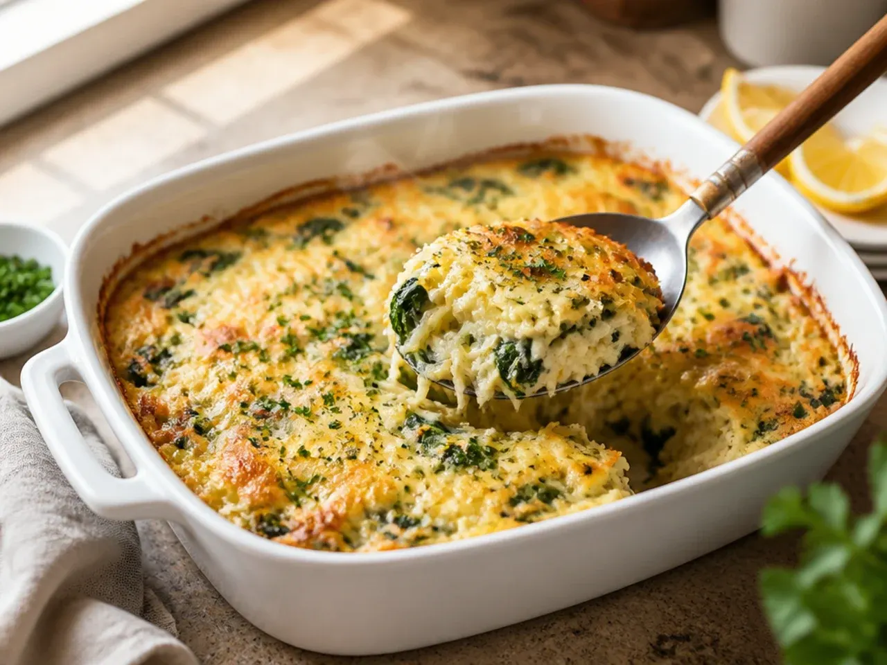 Spinach and Gruyere hashbrown breakfast casserole with a nutty golden top.