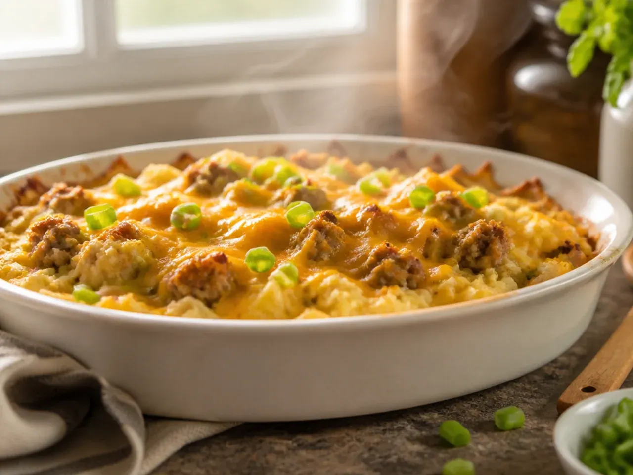 Lighter turkey sausage hashbrown breakfast casserole sliced and plated.