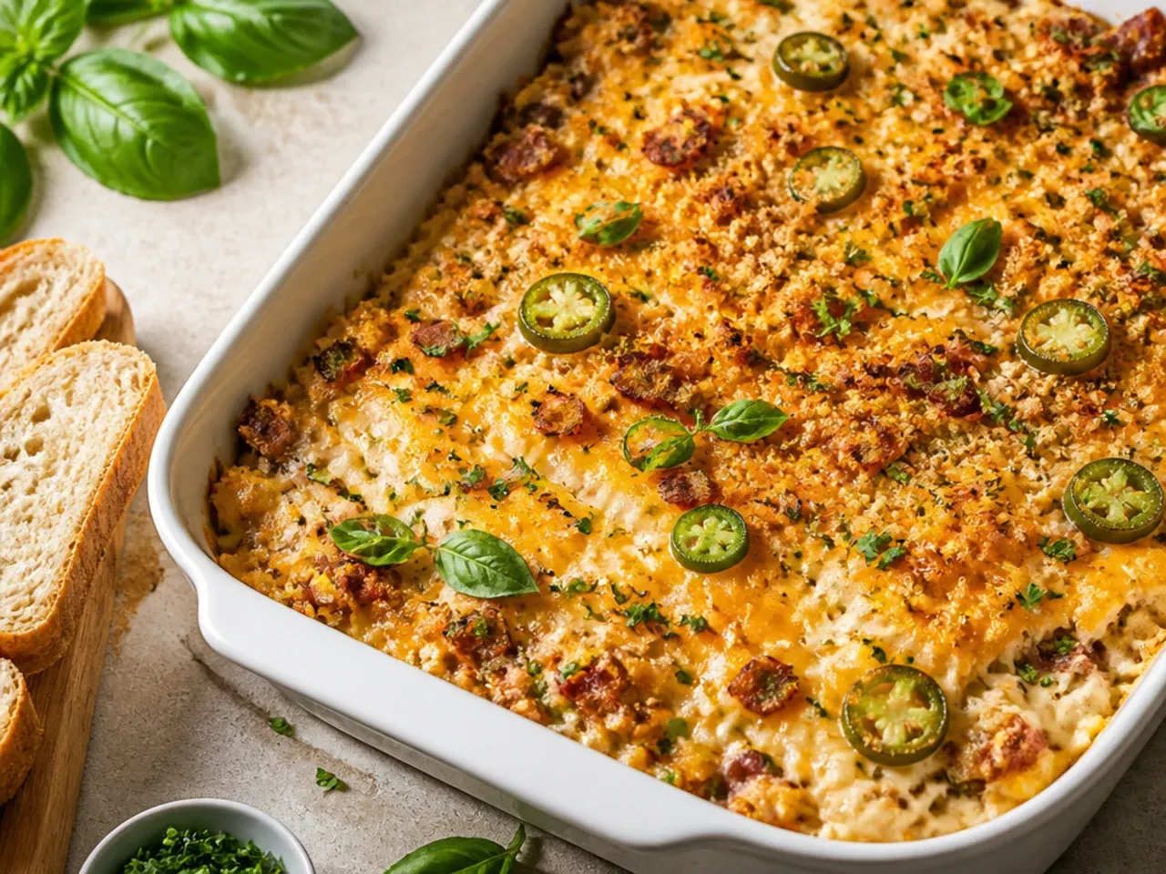 Jalapeno popper hashbrown breakfast casserole topped with crushed tortilla chips.