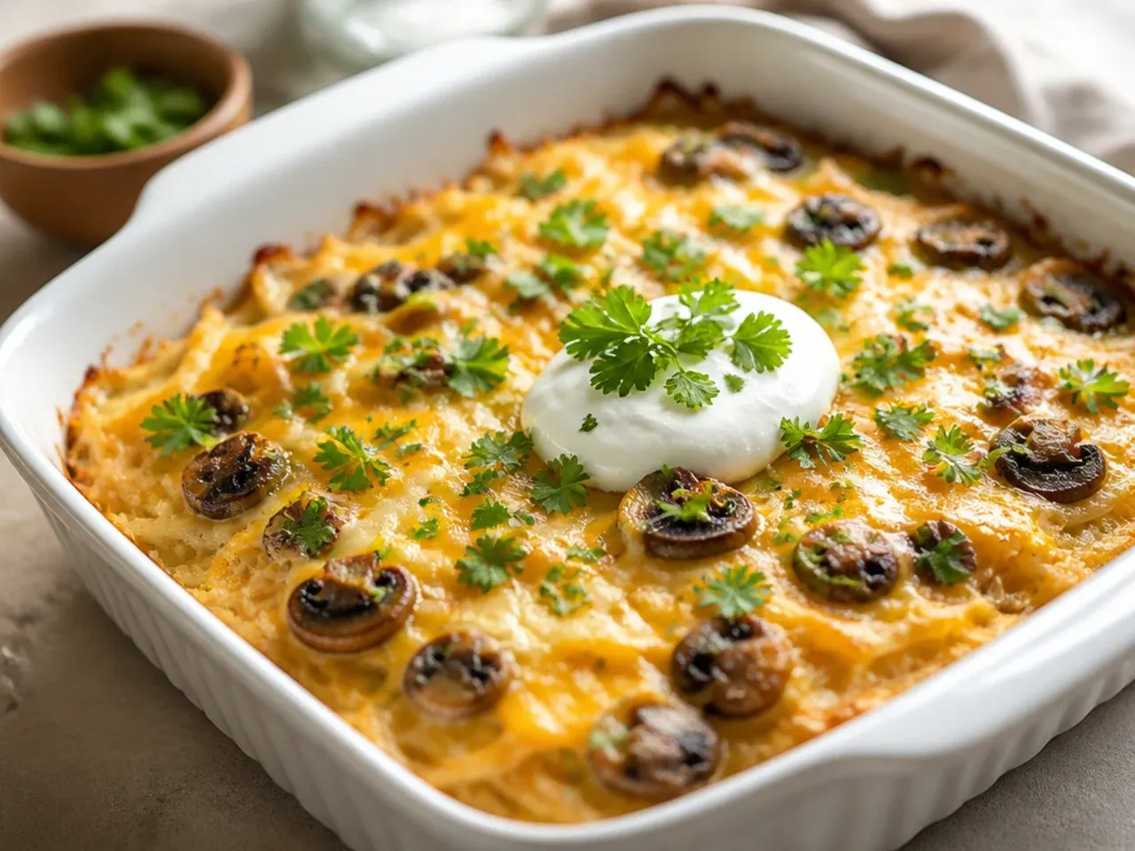 Mushroom and Swiss hashbrown breakfast casserole with a golden, savoury top.