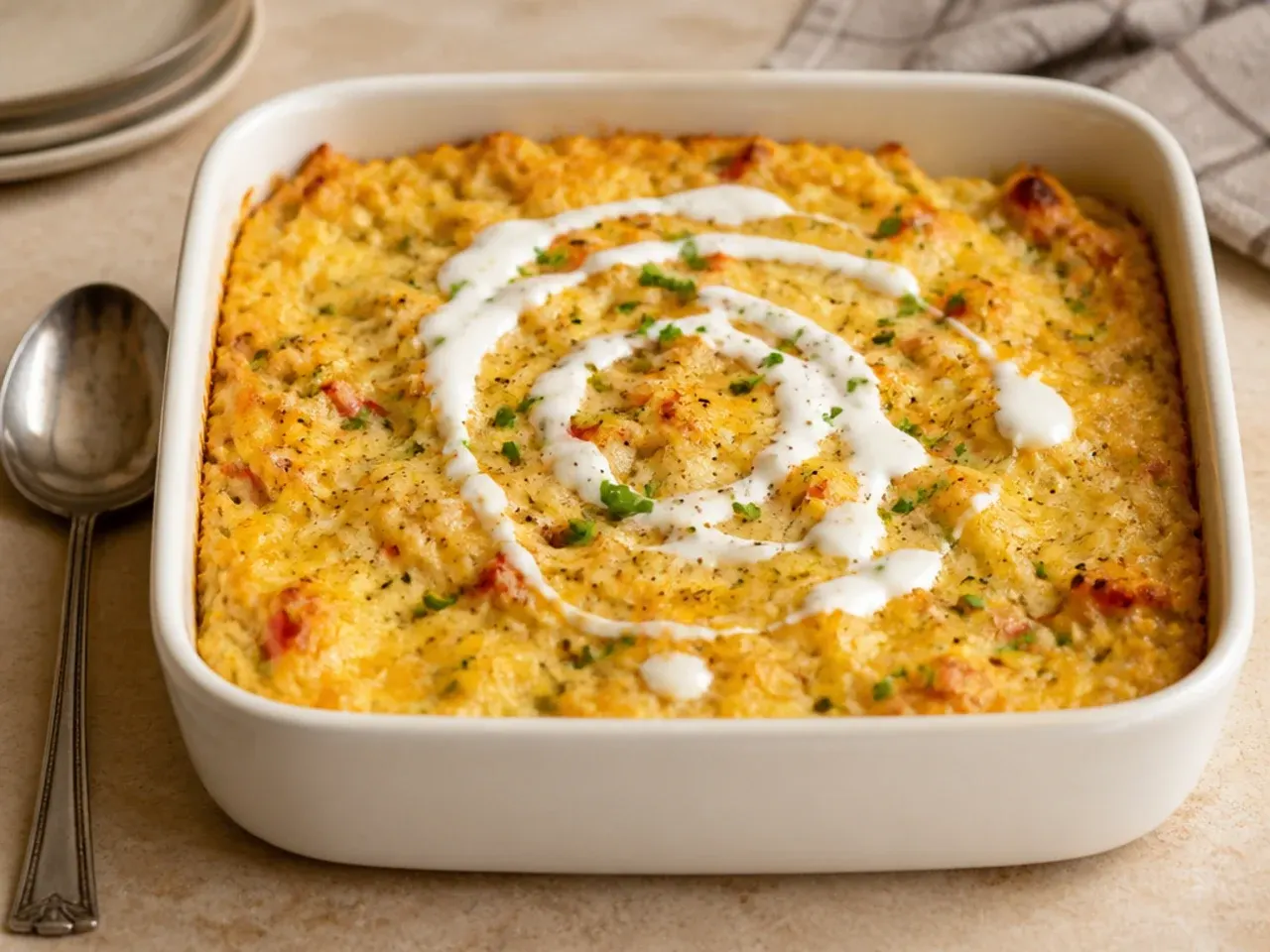 Vegetarian budget hashbrown breakfast casserole with black beans and peppers.
