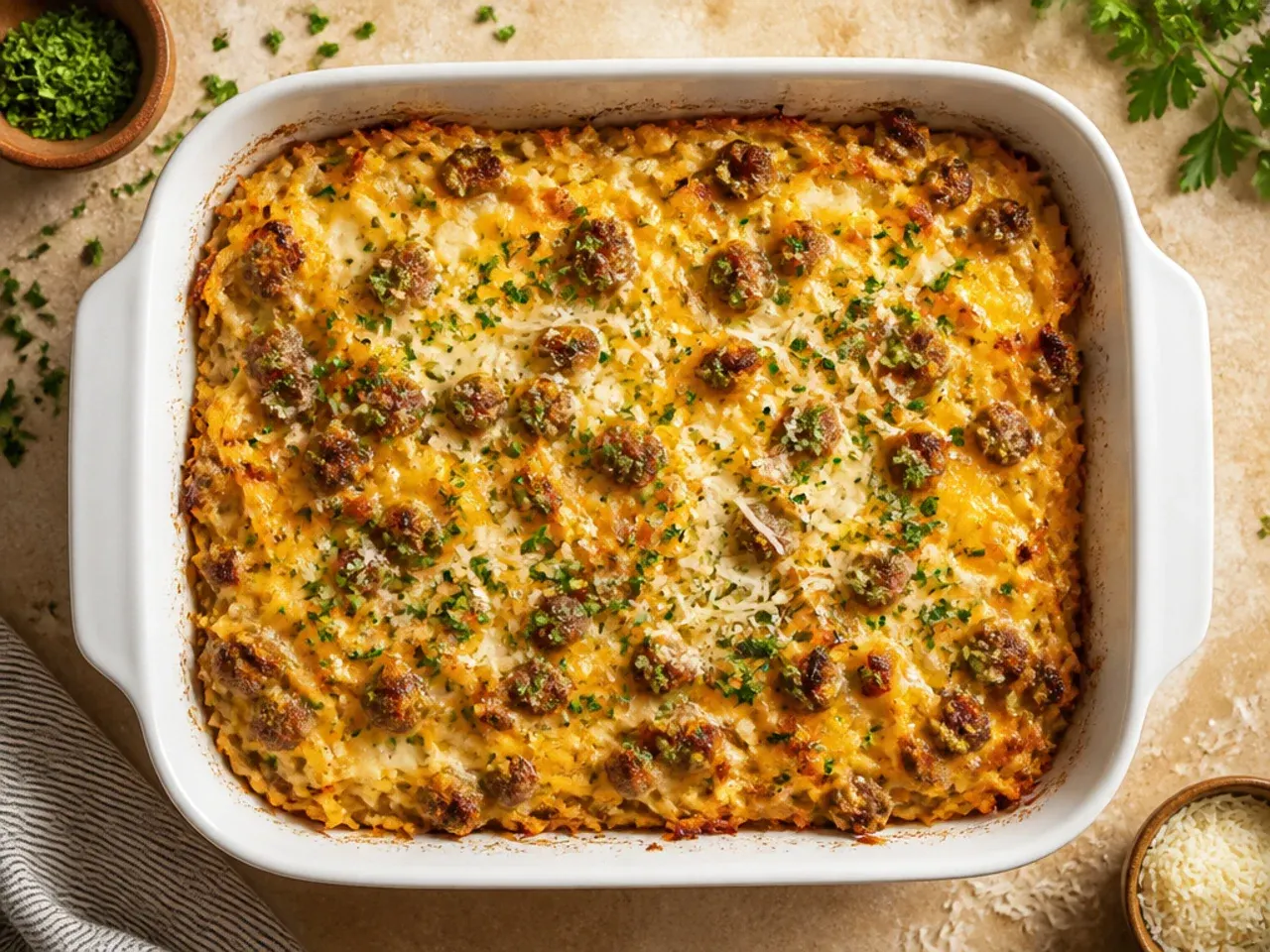Small hashbrown breakfast casserole cooked in an air fryer basket.