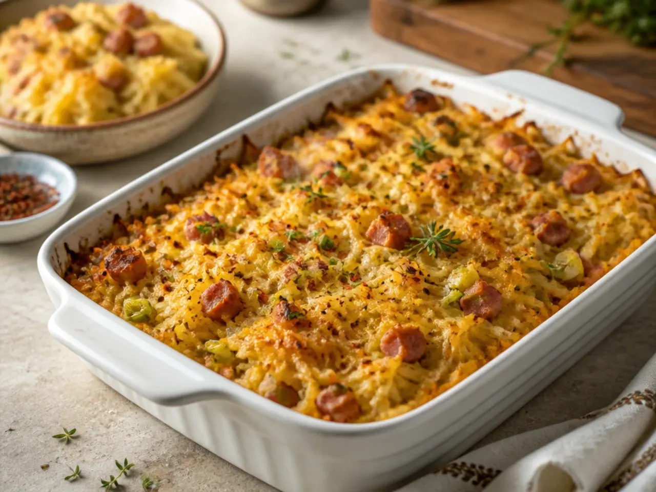 Farmhouse ham and leek hashbrown breakfast casserole with grilled tomatoes on the side.