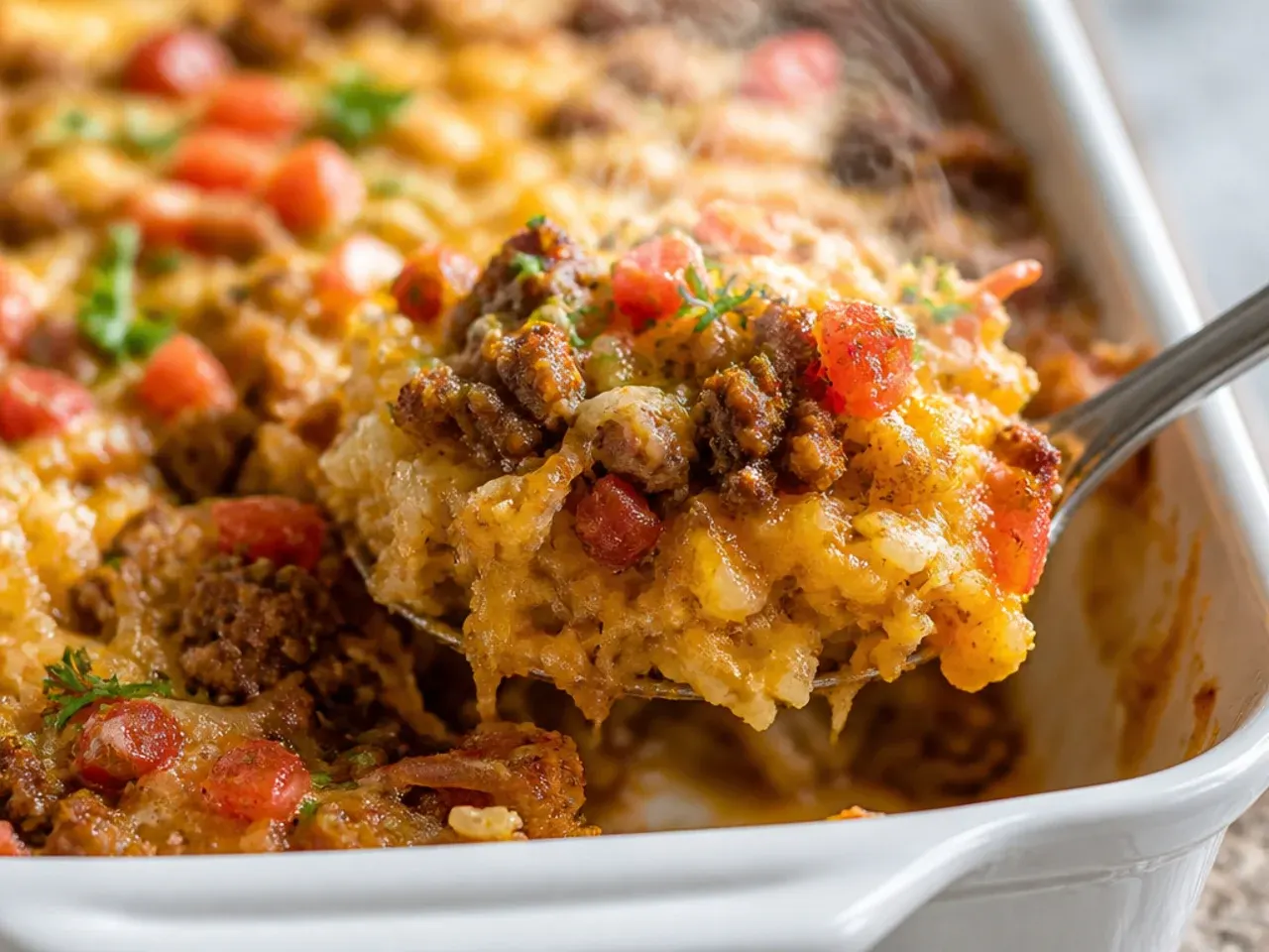Tex-Mex hashbrown breakfast casserole topped with salsa, avocado and lime.