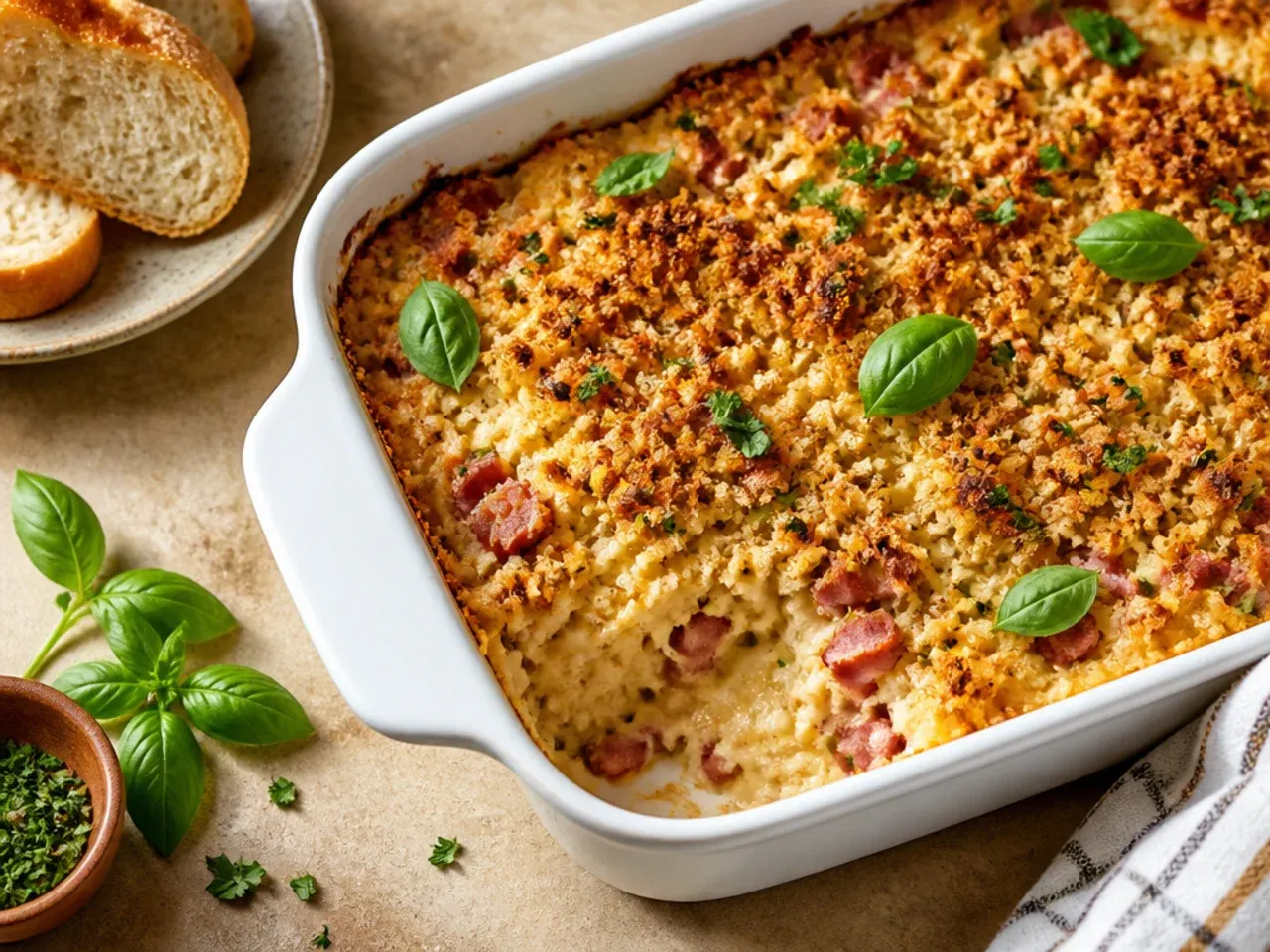 Low-carb cauliflower hashbrown breakfast casserole sliced to show the texture.