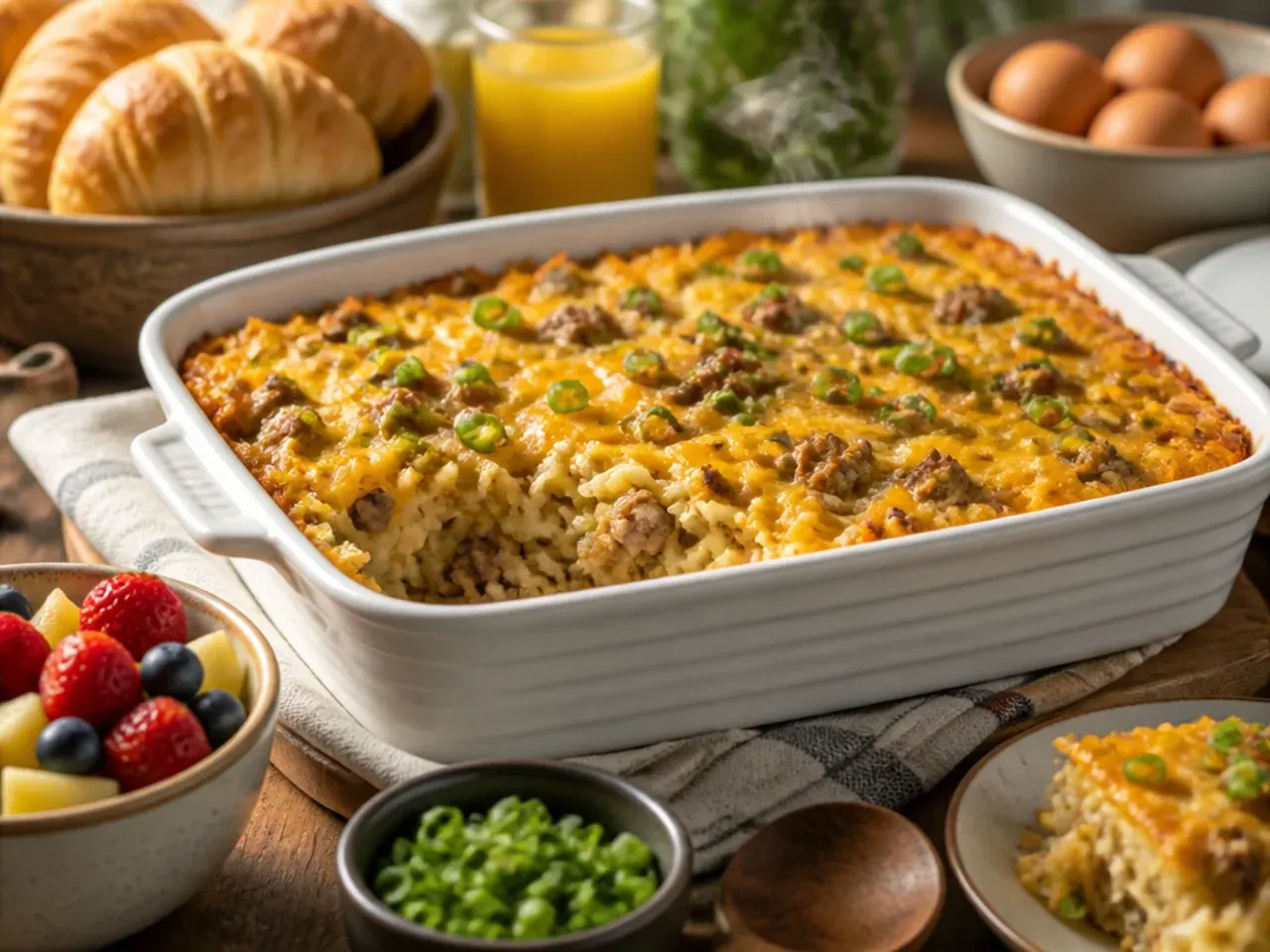Hashbrown breakfast casserole served with fresh fruit, toast and orange juice.