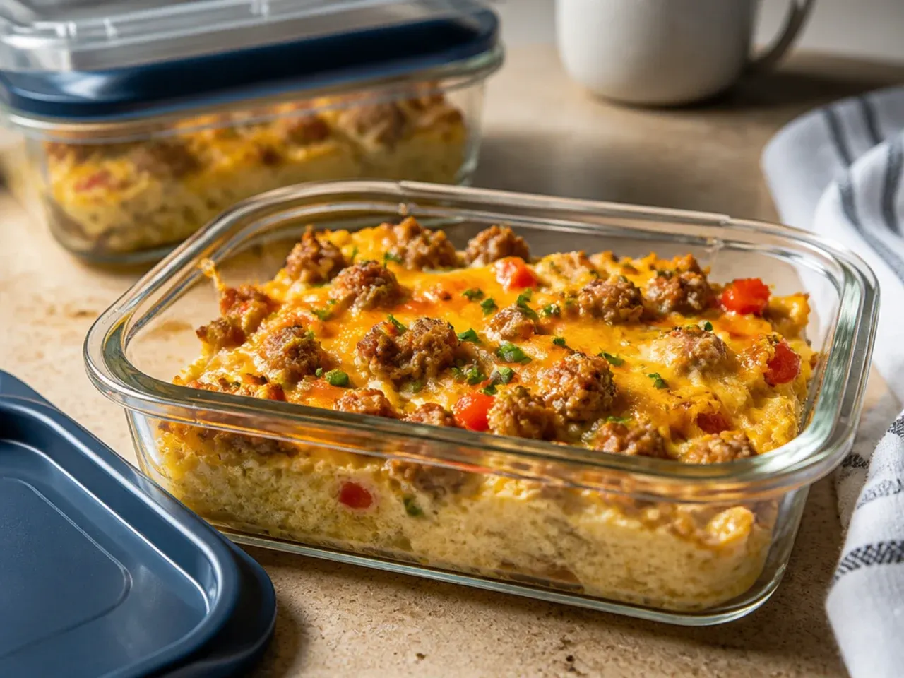Leftover hashbrown breakfast casserole portions stored in airtight containers.