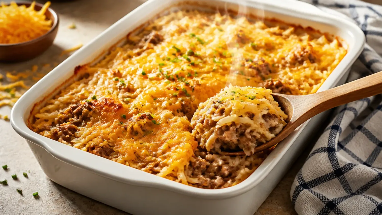 Overhead shot of a golden, bubbling hashbrown casserole with ground beef and melted cheddar in a white 9x13 inch baking dish, fresh from the oven.