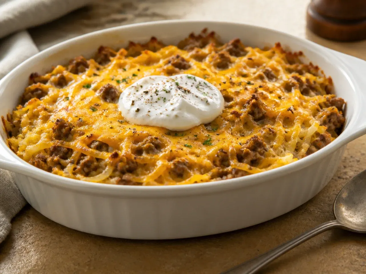 Close-up slice of hashbrown casserole with ground beef showing layers of shredded potato, seasoned beef and melted cheddar.