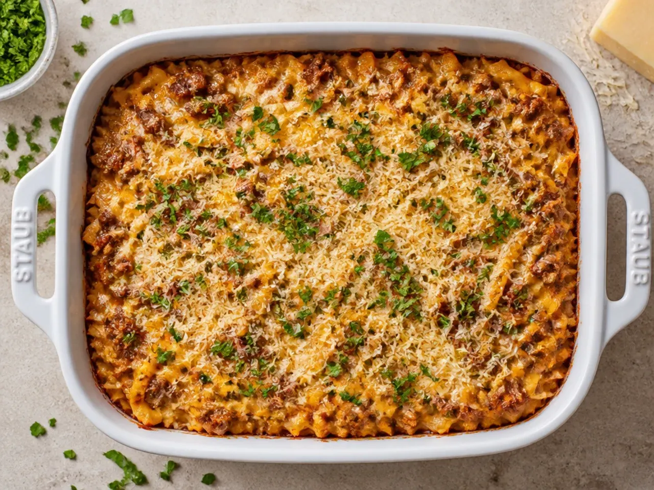 Classic cornflake-topped hashbrown casserole in a baking dish with a crisp golden crumb topping.