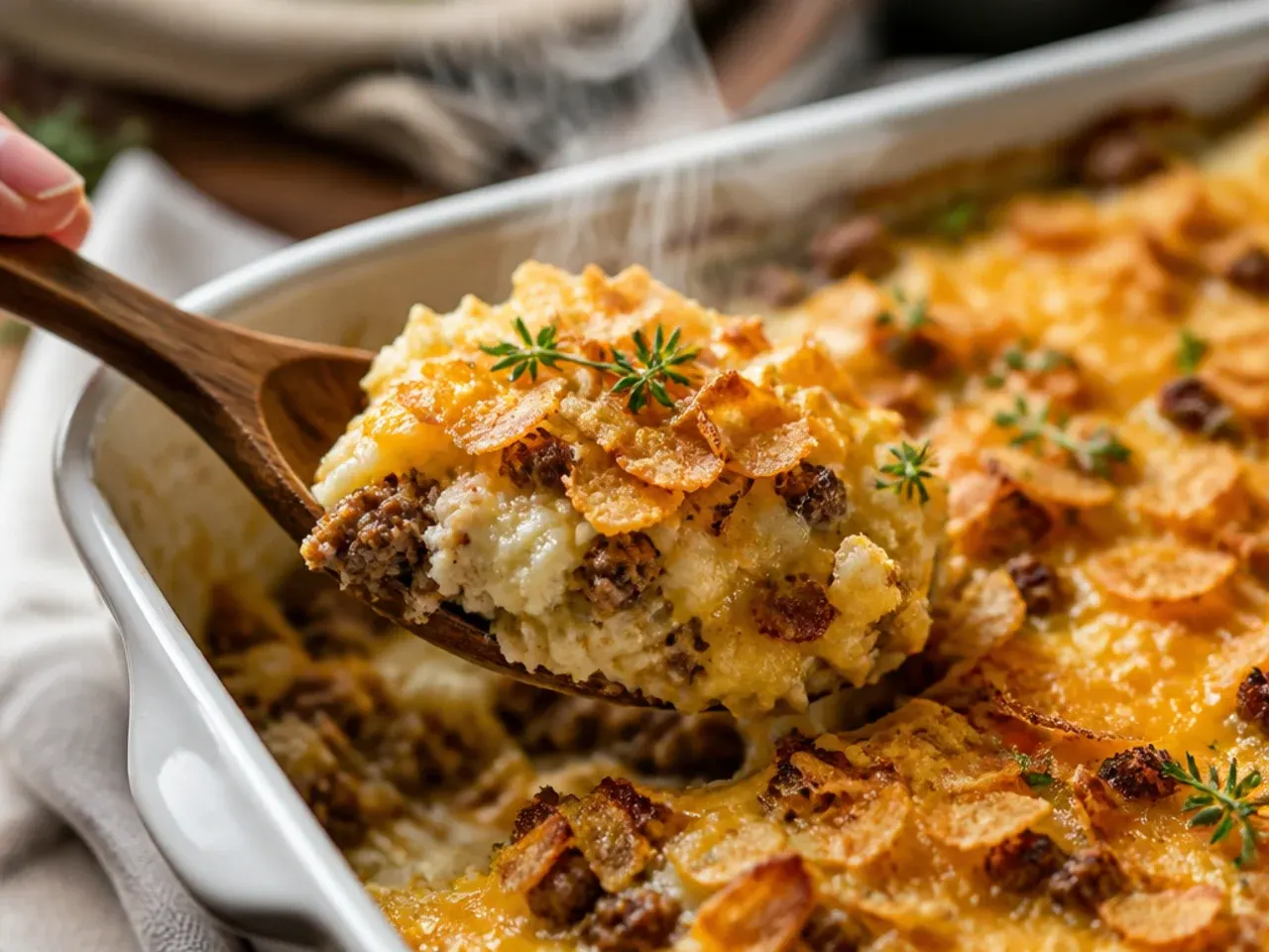 Spoon lifting a serving of cheesy hashbrown casserole with ground beef to show the creamy, stretchy texture.